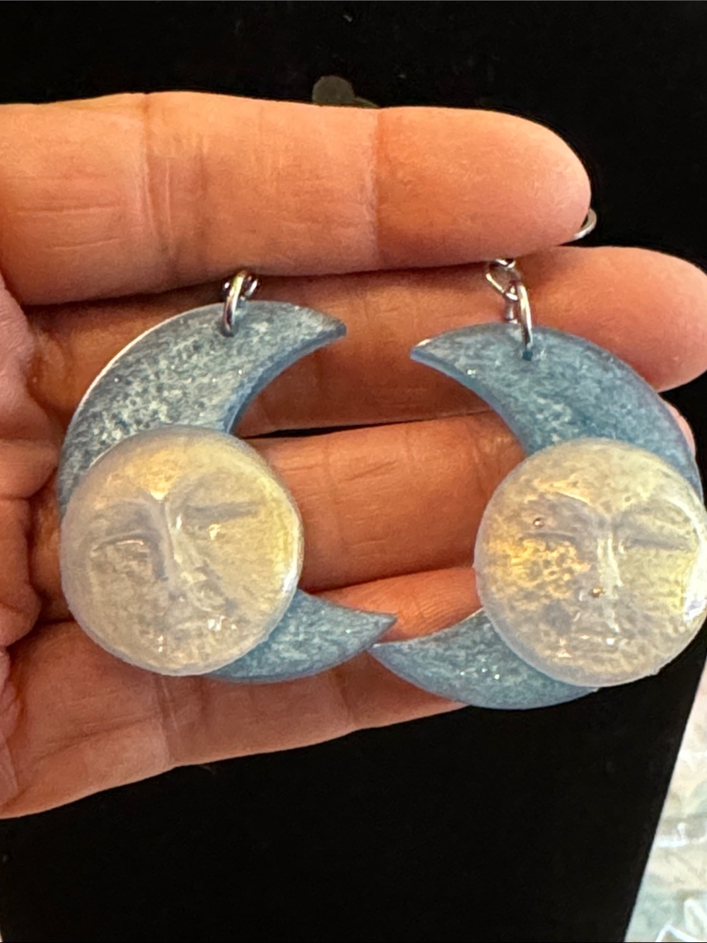 Celestial Crescent Moon / moonfaceDrop Earrings in Light Blue and white-Tone